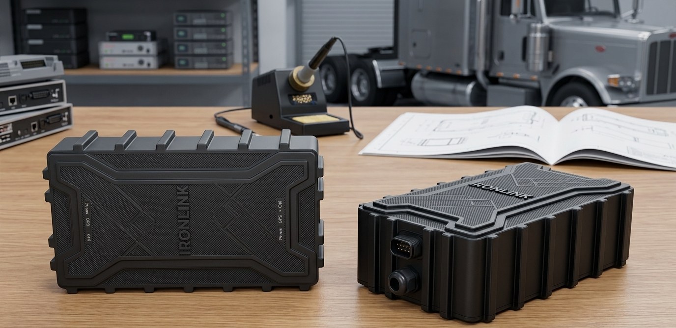Dispositivos IronLink con carcasa impresa en 3D, vistas frontal y en ángulo
