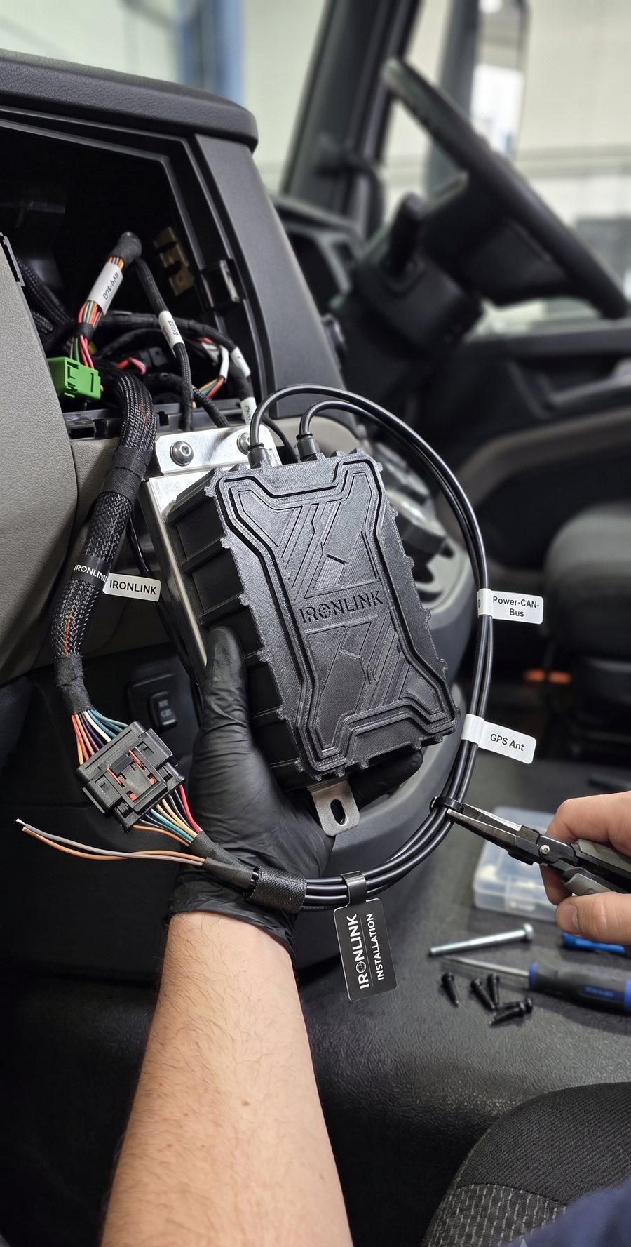 Técnico de FIISS instalando un dispositivo IronLink en el tablero de un vehículo